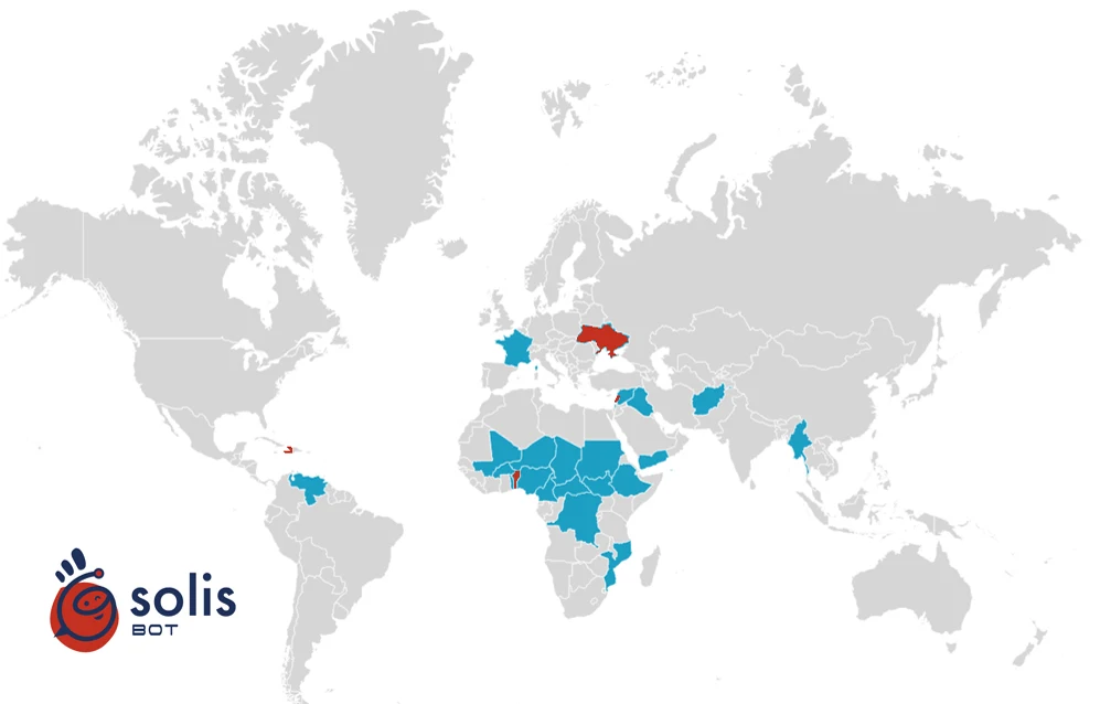 Carte du monde, présence de Solidarités International et déploiements du SOLIS bot